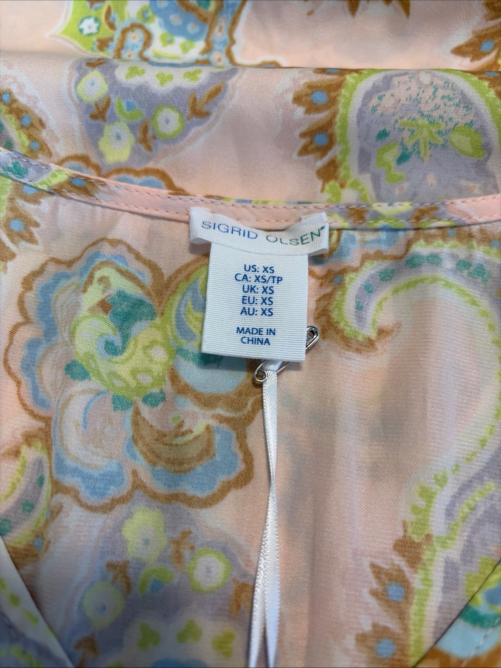 NWT Sigrid Olsen Women XS Multicolor Paisley Silky SS Smocked Shirt Blouse - Picture 10 of 12